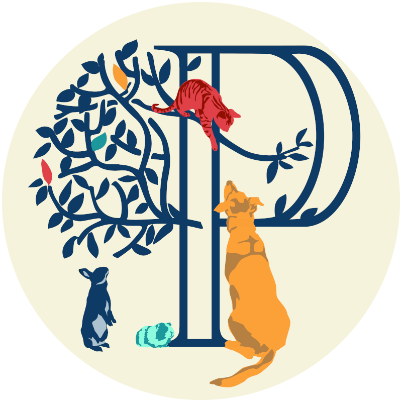 logo du cabinet : un arbre bleu avec dans ses branches un chat corail, avec à son pied un chien jaune, un lapin bleu et un cochon d'Inde vert